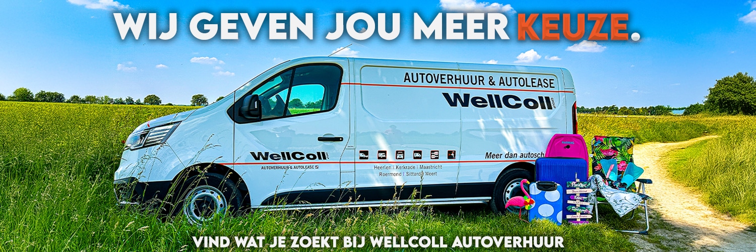 Banner van WellColl Autoverhuur met een gevarieerd aanbod van huurauto’s, personenbussen en bestelbusjes en bakwagens voor ondernemers en particulieren in Limburg.