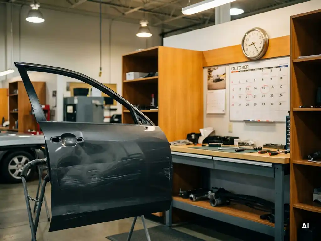 Beschadigde autodeur met deuk en krasschade in een nette carrosserieworkplaats, kalender en klok aan de muur.