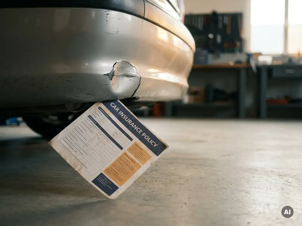 Autoverzekeringsdocument onder een beschadigde bumper met deuk en lakschade, gefotografeerd in een garage.