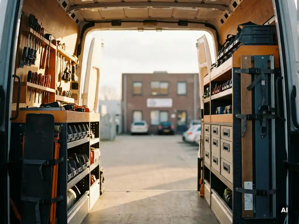 Bedrijfsbus interieur met gereedschapsrekken, opberglade en beveiligde apparatuurpanelen op Limburgs industrieterrein.
