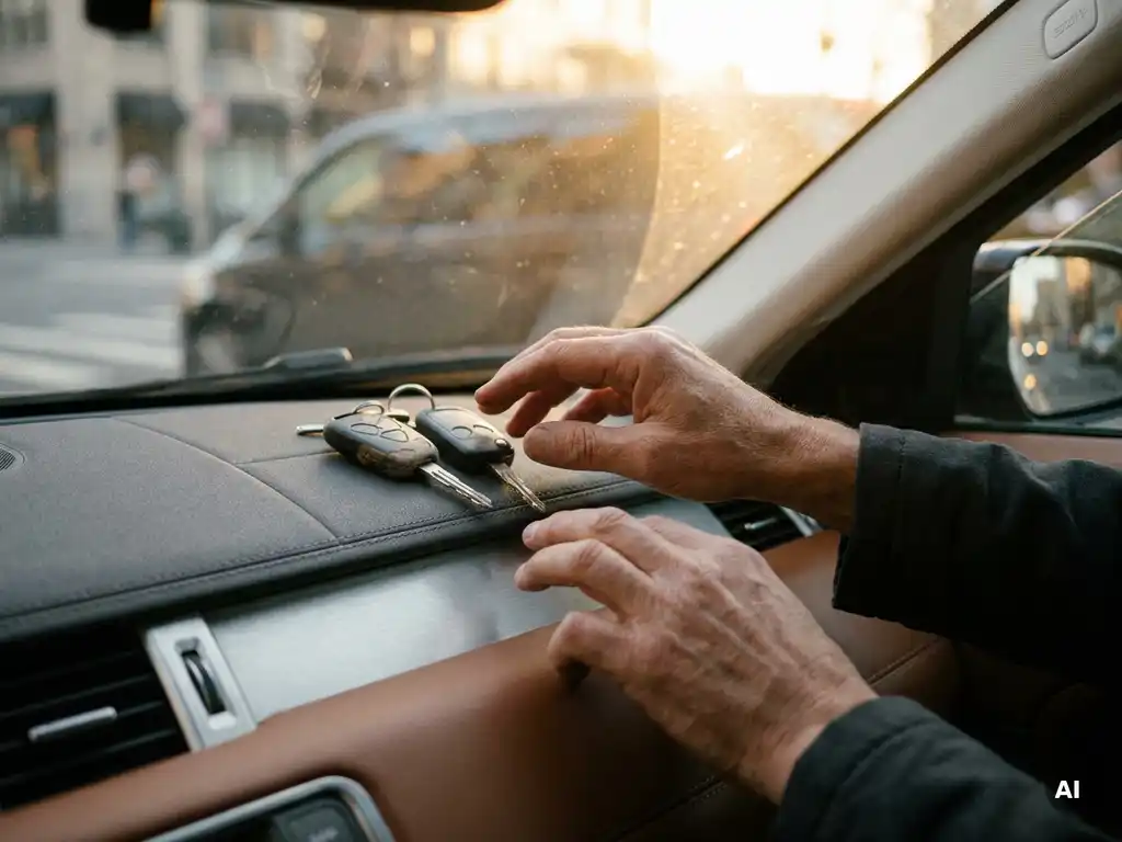 Stel autosleutels op het dashboard van een bedrijfsauto, met een tweede hand die ernaar reikt in warm middaglicht.
