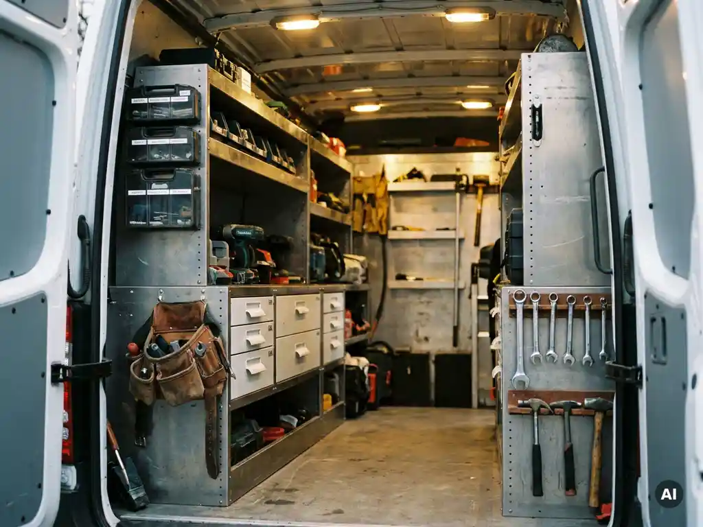 Inrichting van een bedrijfsbus met stalen stellingen, gereedschapsrekken en opberglade, gefotografeerd vanuit de open achterdeuren.