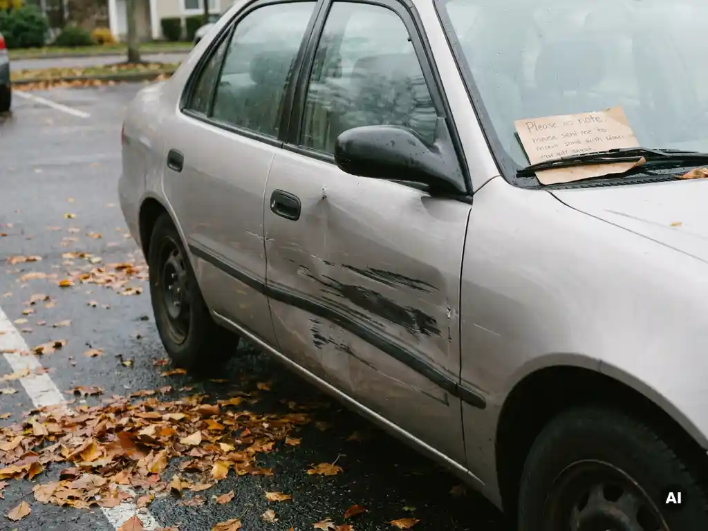 Beschadigde zilveren autodeur met deuken en krasjes in een natte parkeerplaats, handgeschreven briefje onder de ruitenwisser.