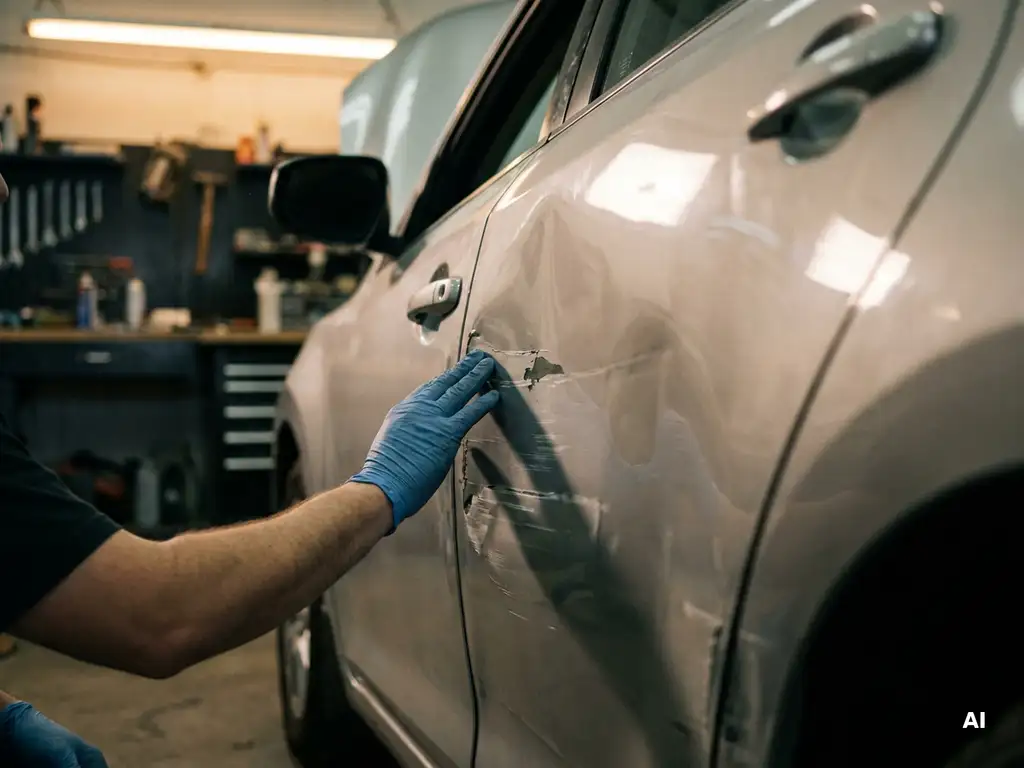 Technicus in handschoen inspecteert gedeukte autodeur met krassen en afgebladderde lak in een carrosseriebedrijf.