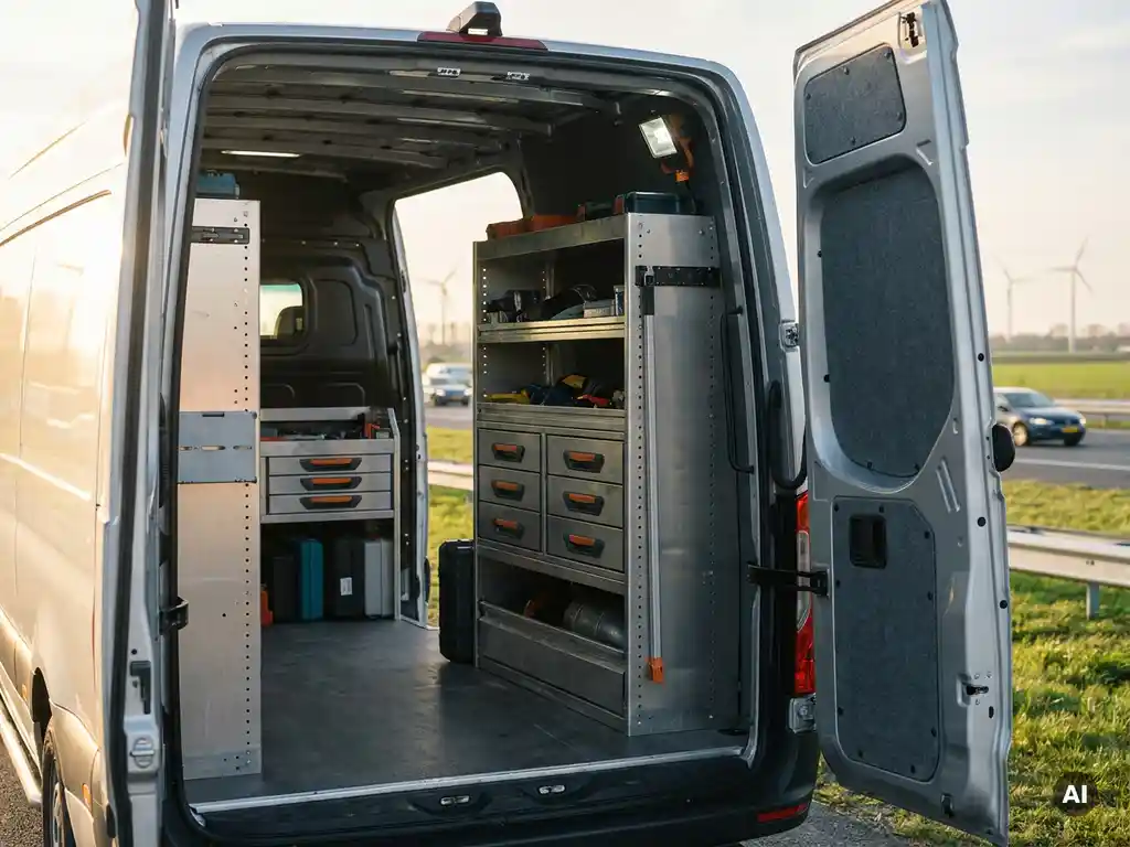 Georganiseerd bestelbusinterieur met aluminium gereedschapsrekken, beveiligde lades en werklamp, Nederlandse snelweg op de achtergrond.