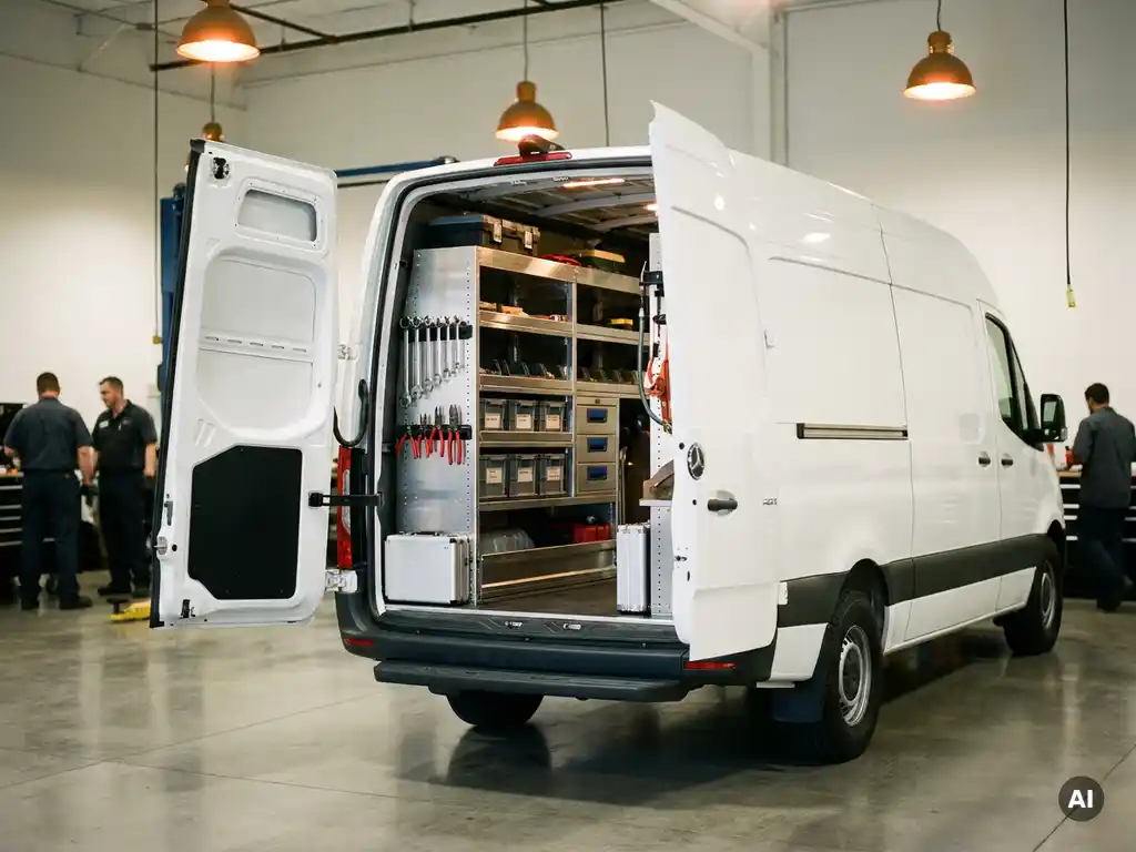 Witte bestelwagen met open achterdeuren en professioneel ingerichte laadruimte met aluminium stellingen en gereedschapshouders in moderne werkplaats.