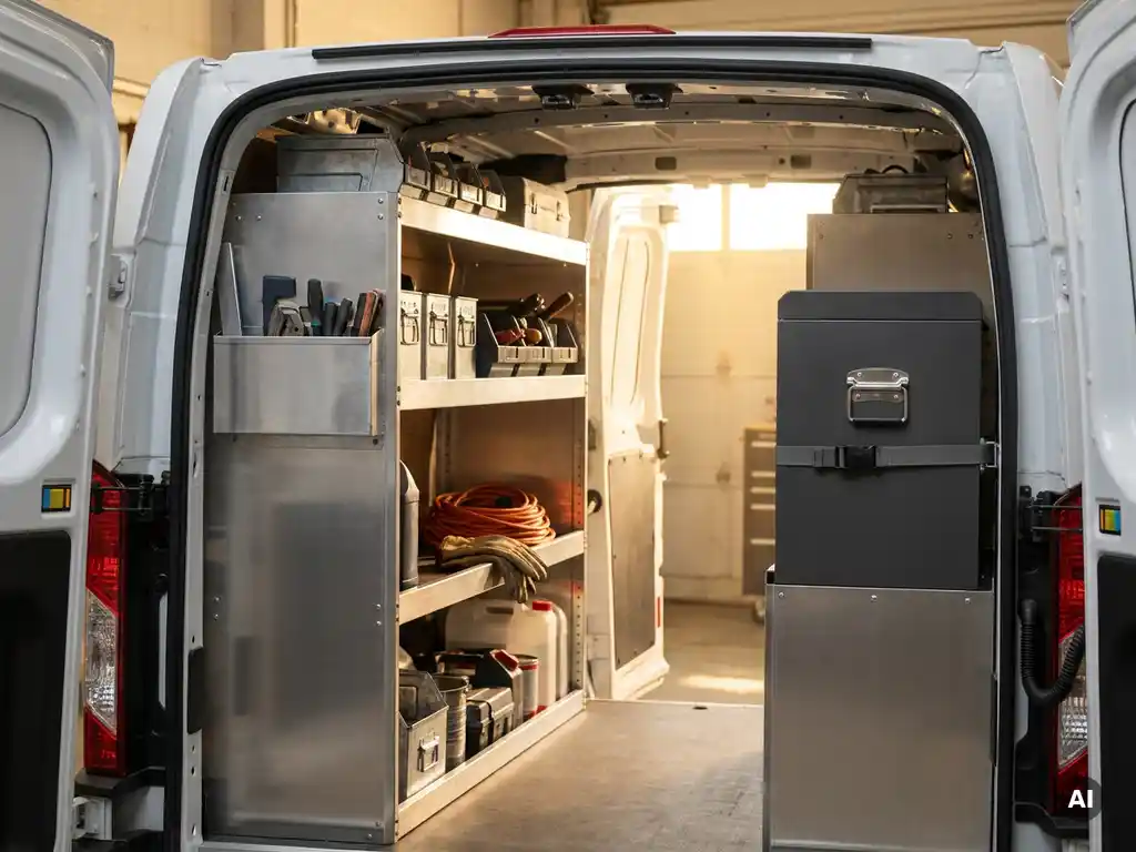 Georganiseerd bestelwagen interieur met aluminium stellingen, gereedschapshouders en opgerolde stroomkabel op een plank.