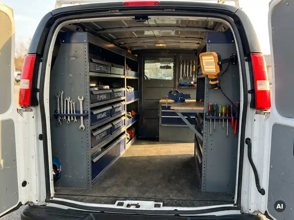 Georganiseerd interieur van een servicebusje met metalen stellingen, gesorteerd gereedschap, gelabelde bakjes en een werklamp.