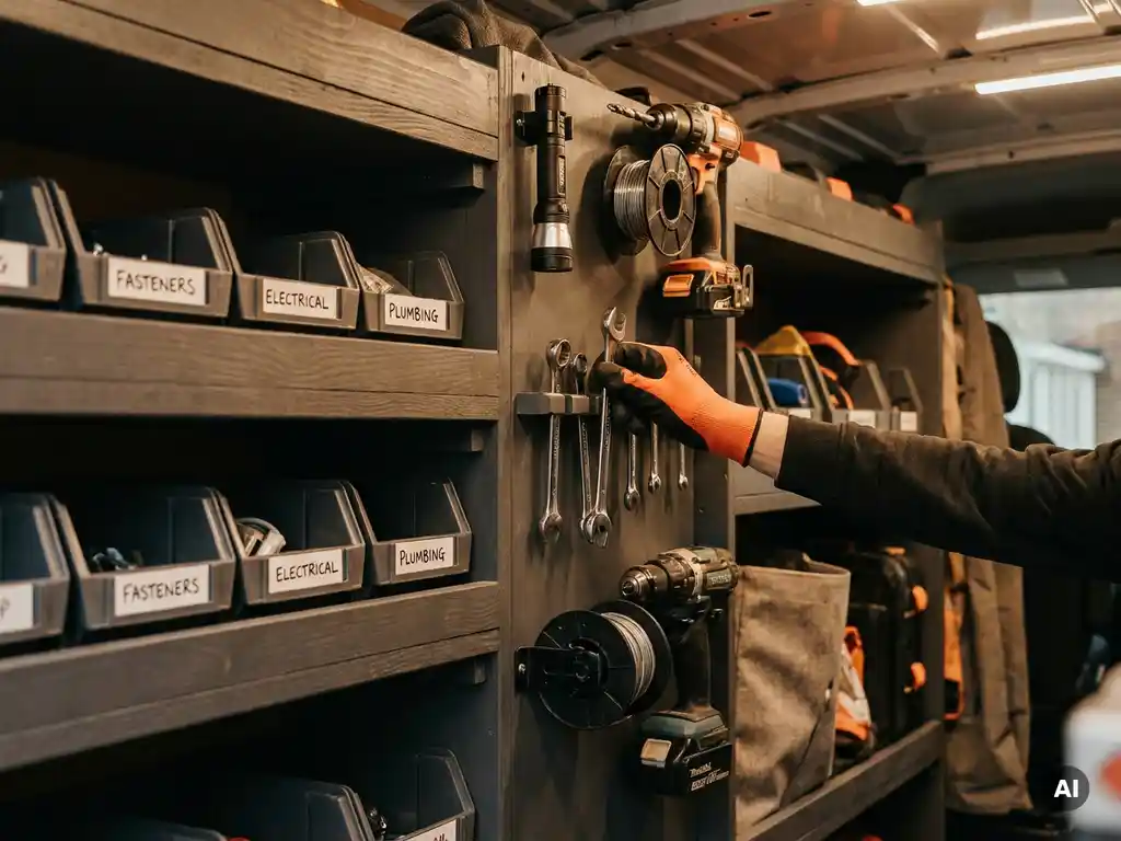 Gehandschoende hand reikt naar gereedschap in overzichtelijk ingerichte bestelwagen met gelabelde opbergvakken en oranje houders.