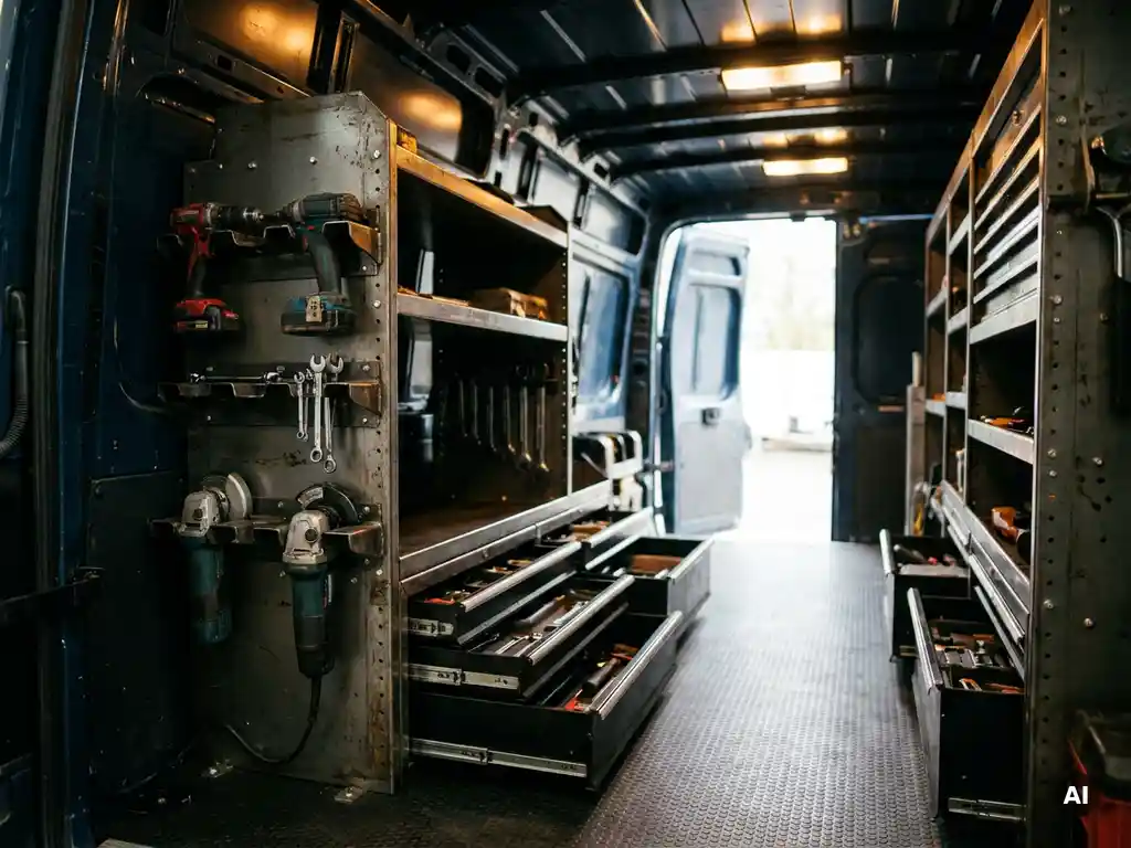 Aangepaste stalen schappen in bestelwagen met boormachines, sleutels en haakse slijpers in houders, rubberen vloermat en open gereedschapslade.