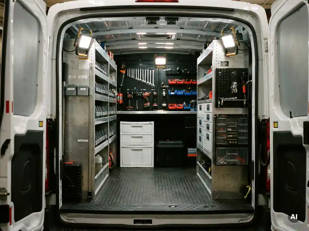 Ingerichte bedrijfsbus met stalen stellingkasten, gereedschapsrekken en opbergvakken, gefotografeerd vanuit de open achterdeuren.