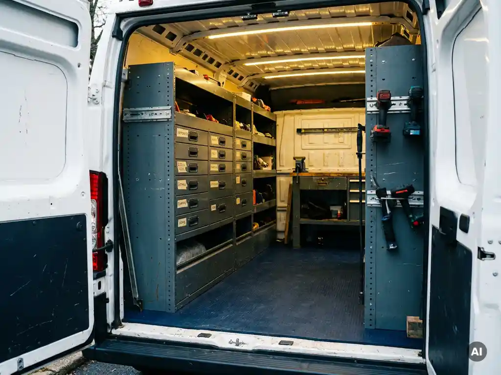 Interieur van een bedrijfsbus met stalen stellingkasten, gelabelde gereedschapslade en montagegoten, gefotografeerd vanuit lage hoek.