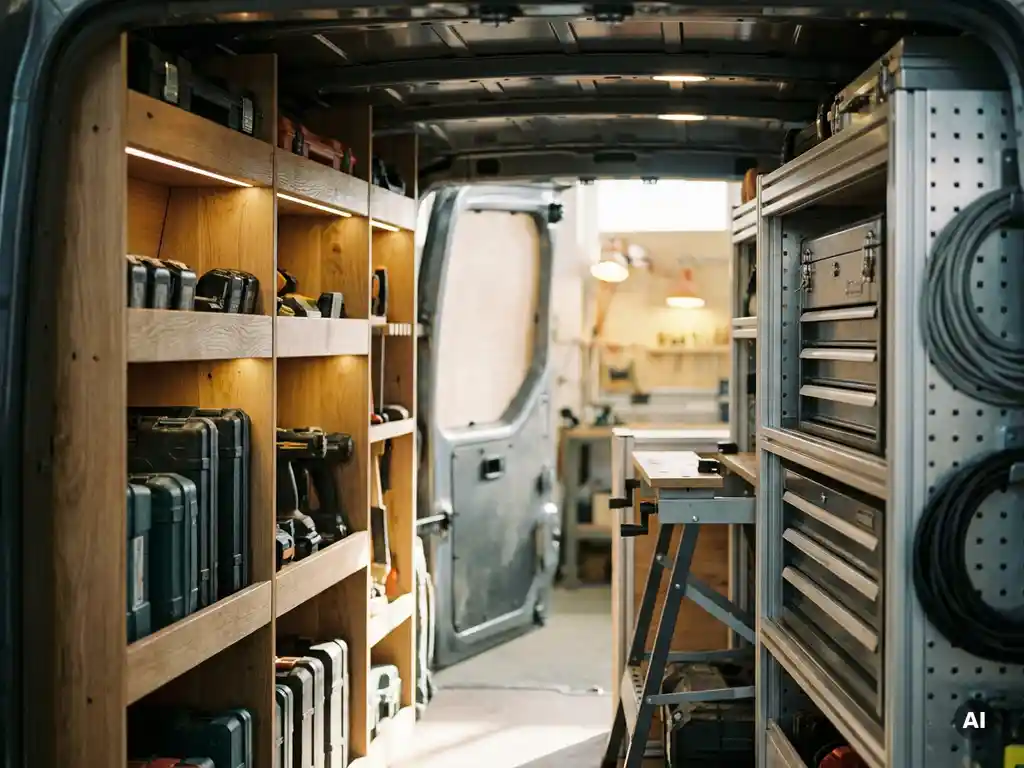 Gereedschap en apparatuur netjes georganiseerd op eiken houten planken en aluminium rekken in een open bestelwagen.