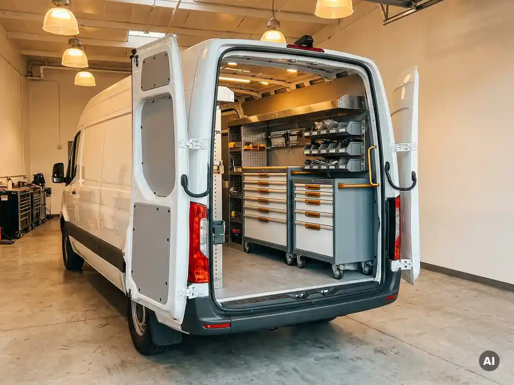 Witte bestelwagen met open achterdeuren en op maat gemaakt metalen rekken, gereedschapshouders en lades in het interieur.