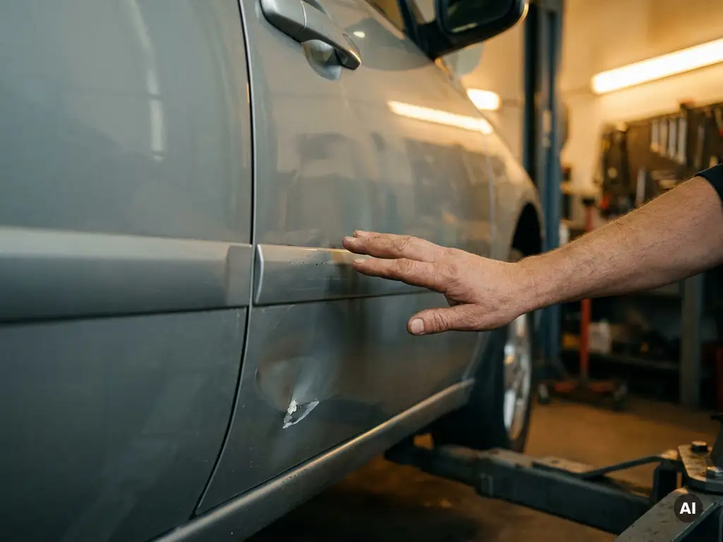 Mechanikerhand bij gedeukte zijdeur met afbladderende lak in een autogarage, warm amberkleurig werkplaatslicht op zilvergrijs koetswerk.