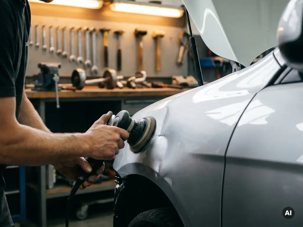 Technicus die een deuk uitpolijst op een zilveren carrosseriepaneel in een professionele autoschadeherstelafdeling.