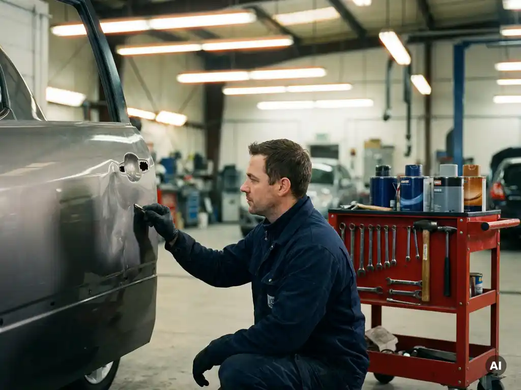 Autoschade specialist inspecteert gedeukte autoportier in professionele carrosserieworkplaats met gereedschap en verfblikken op de achtergrond.