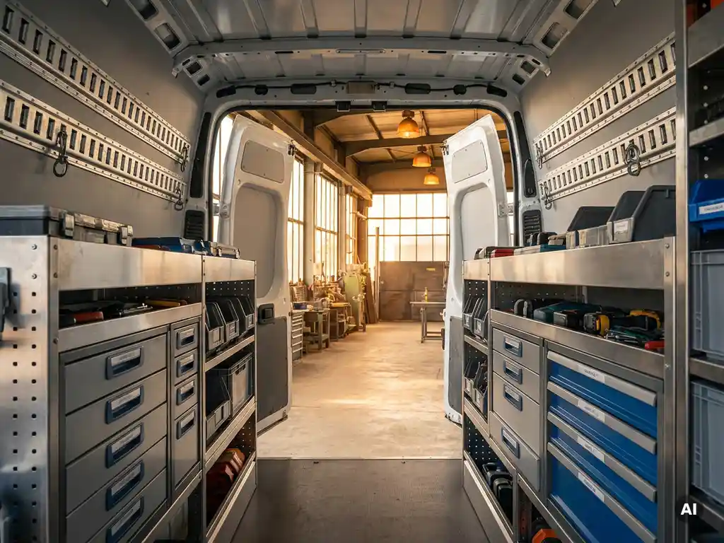 Georganiseerd bestelwagen interieur met stalen stellingen, gereedschapslade en cargogeleiders, gezien vanuit de open achterdeuren.