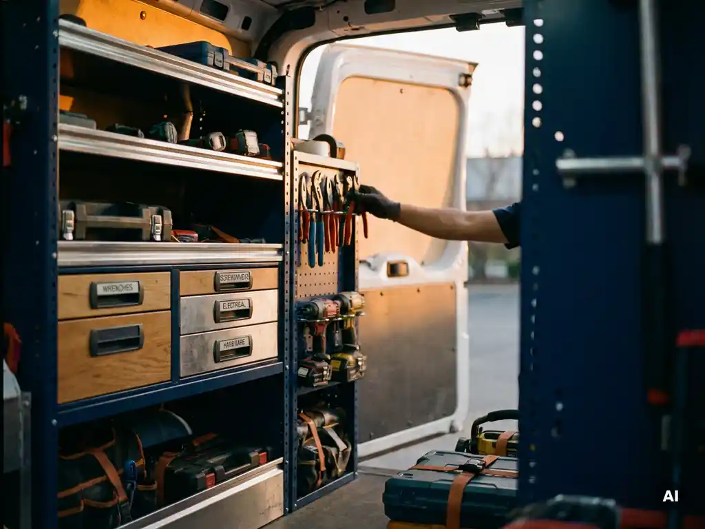 Technicus grijpt gereedschap uit georganiseerde bestelwagen met maatwerk rekken, gelabelde lades en opgeborgen apparatuur.