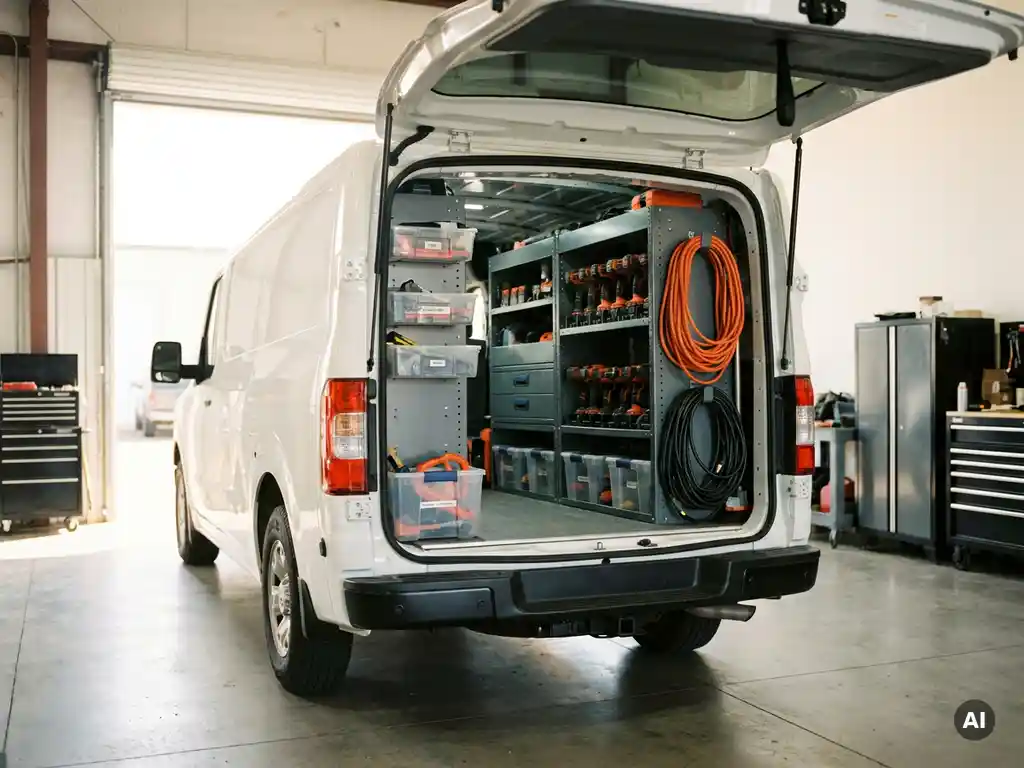 Witte bedrijfsbus met open achterdeuren en georganiseerd interieur met gereedschapsrekken, boormachines en gelabelde vakken.