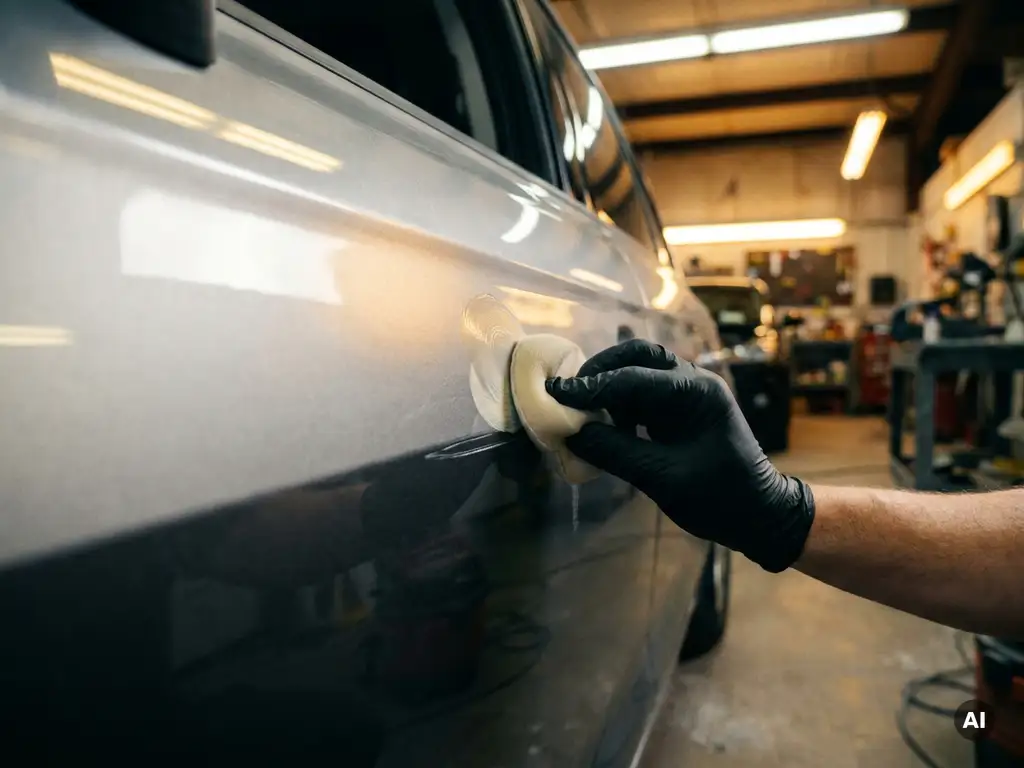 Gehandschoende hand die krasbestendige polijstmiddel aanbrengt op zilveren autoportier in professionele carrosseriespuitwerkplaats.