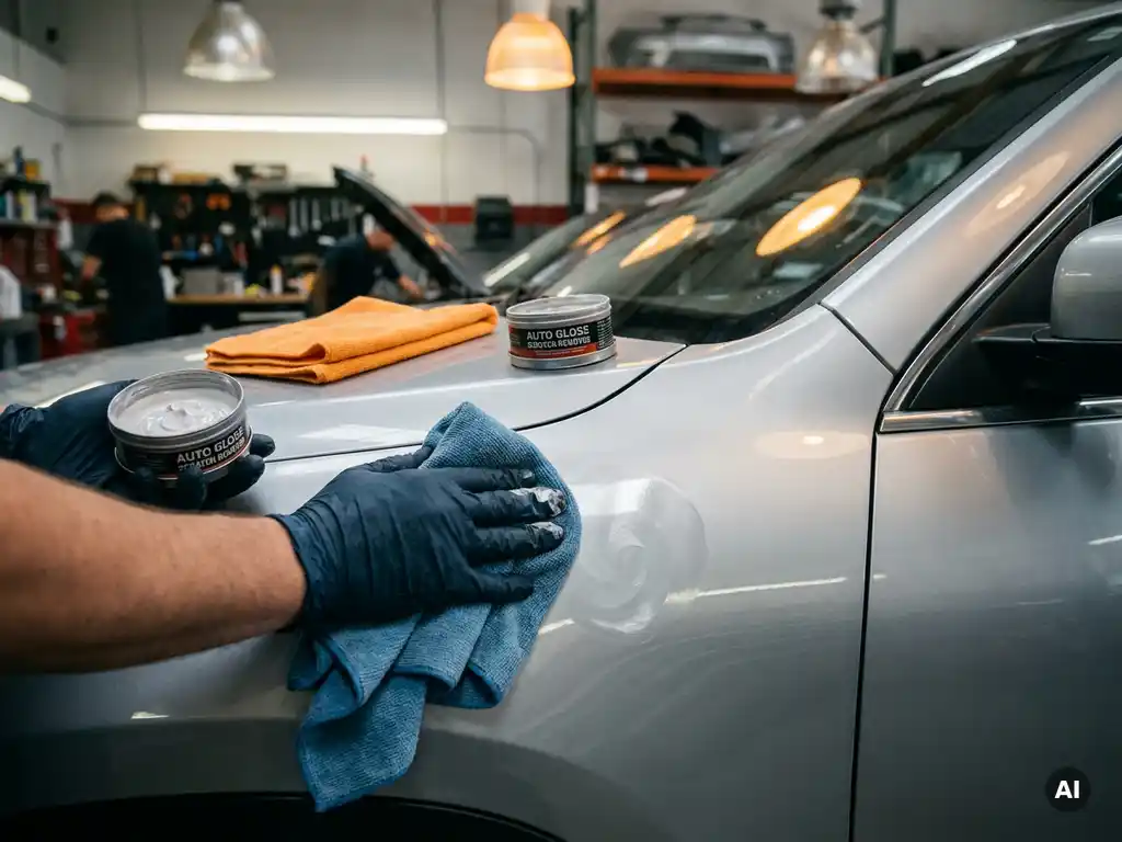 Gehandschoende hand die krasverwijderaar aanbrengt op zilveren autoportier, met microvezeldoek en open blik op de motorkap.