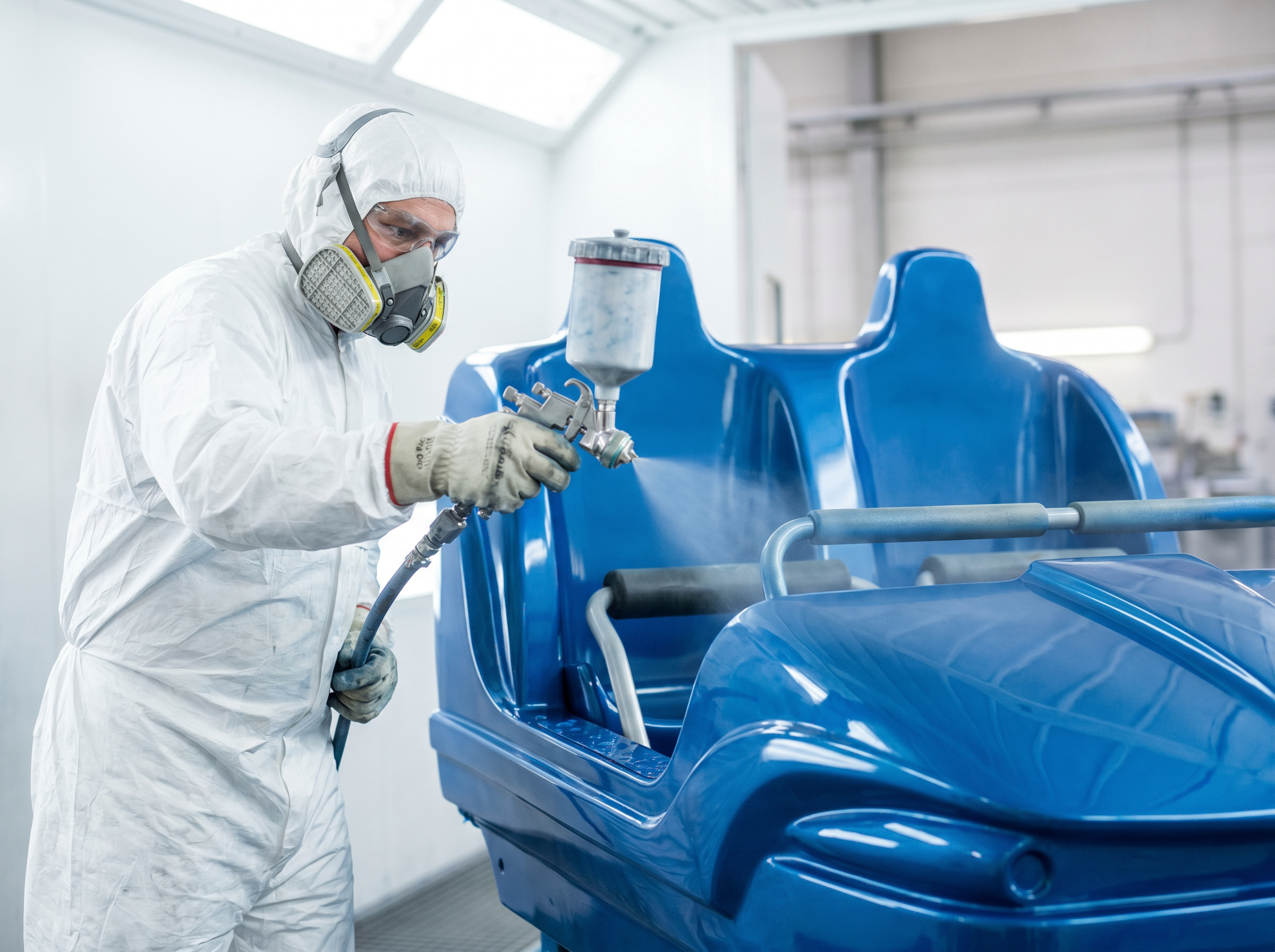 Autospuiter lakt blauwe achtbaan-onderdelen in de spuitcabine van WellColl.