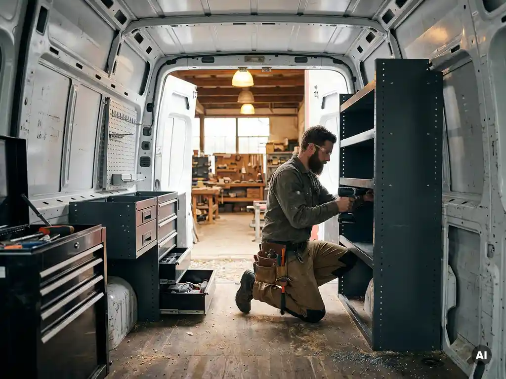 Technicus die stalen gereedschapsrekken en ladekasten installeert in een lege witte bestelwagen.