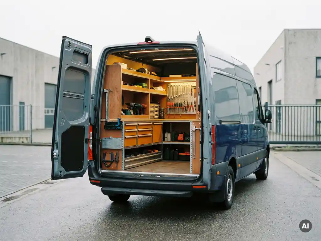 Mobiele werkplaatsbus met open achterdeuren, voorzien van gereedschapsrekken, pegboards met sleutels en schroevendraaiers en ladekasten.