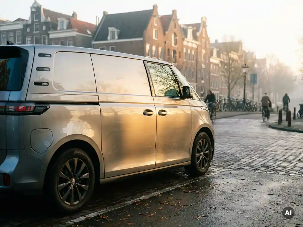 Zilvergrijze bedrijfsbus geparkeerd op een stedelijke straat in Nederland, verlicht door warm ochtendlicht.