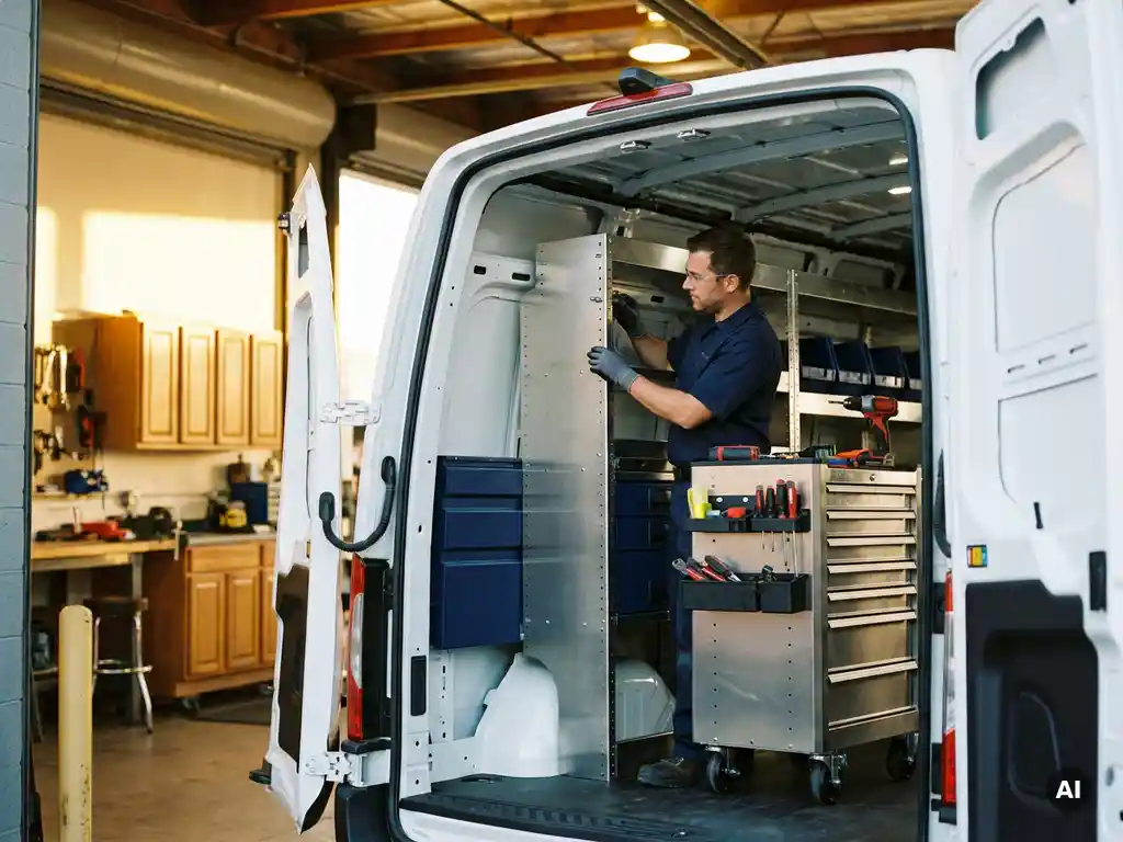 Technicus installeert op maat gemaakte metalen stellingkasten in een witte bestelwagen, met gereedschap en opbergvakken zichtbaar.