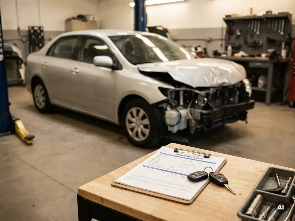 Beschadigde zilveren sedan met verkreukelde voorbumper in een carrosseriebedrijf, met verzekeringsformulier en autosleutels op een werkbank.