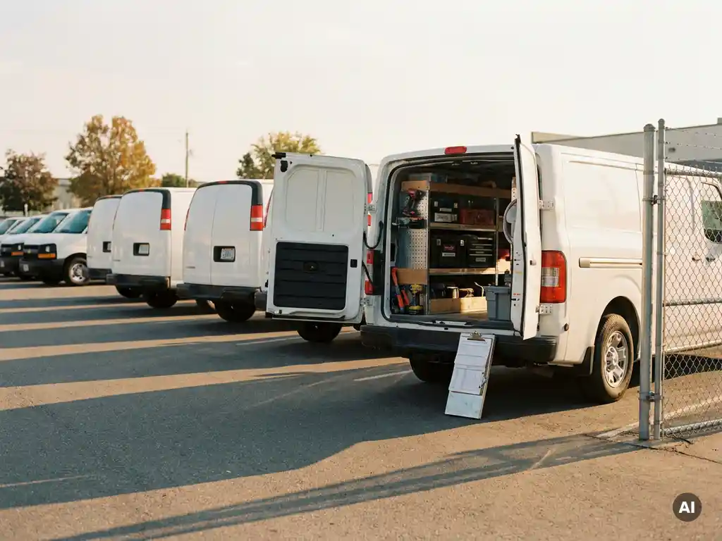 Witte bedrijfsbusjes geparkeerd op een commercieel terrein, één met open achterdeuren en georganiseerde gereedschapsopslag, clipboard tegen de bumper in warm middaglicht.