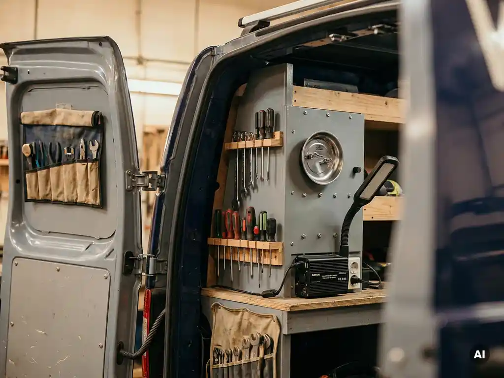 Georganiseerd bestelwagen interieur met gereedschapshouders, magnetische onderdelenhouder en LED-werklamp voor mobiele autoservice.