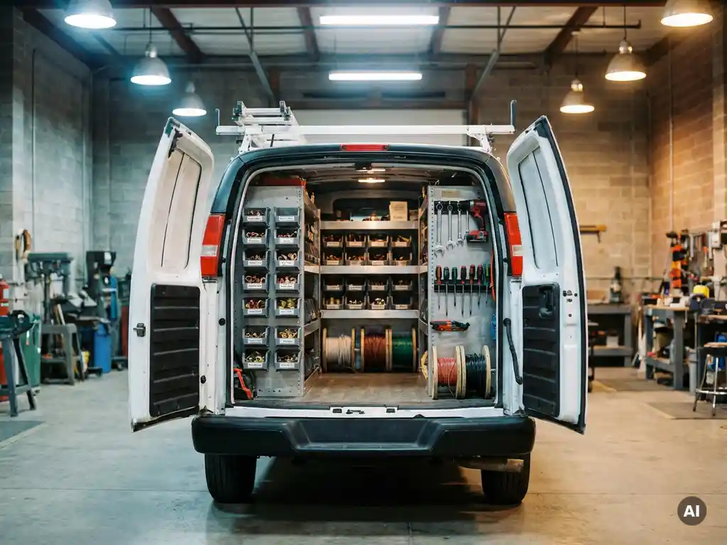 Witte bedrijfsbus met open achterdeuren en georganiseerd interieur met metalen schappen, pijpfittingen en gereedschapsrekken in professionele werkplaats.