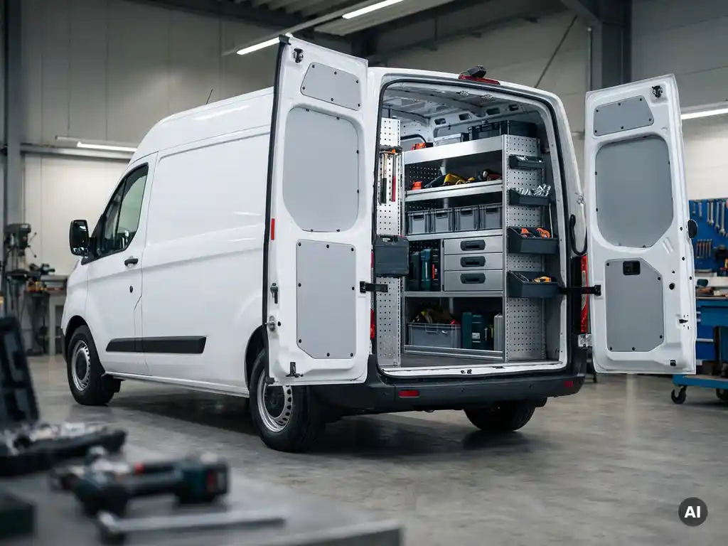 Witte bedrijfsbus met open achterdeuren en modulaire aluminium stellingen vol georganiseerd gereedschap en opbergbakken.