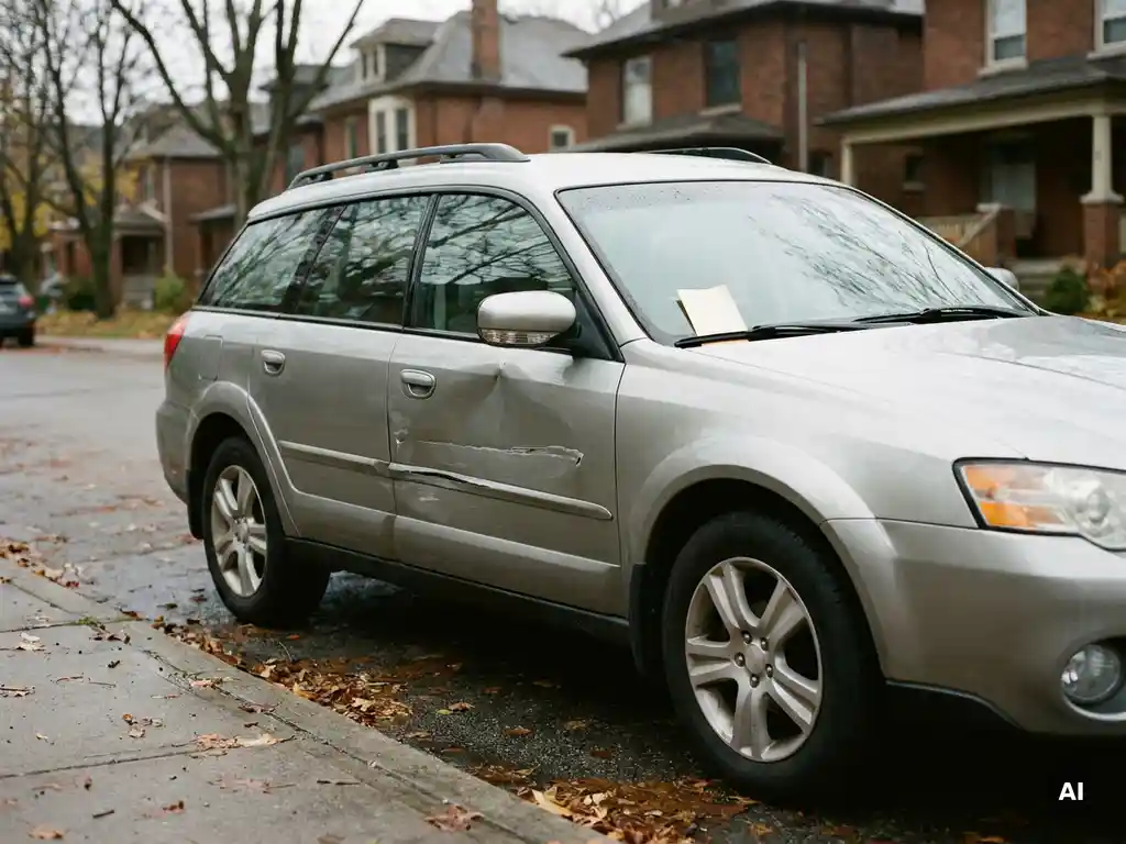Zilveren gezinsauto met deuk en lakschade op achterportier, handgeschreven briefje onder de ruitenwisser, rustige woonstraat.